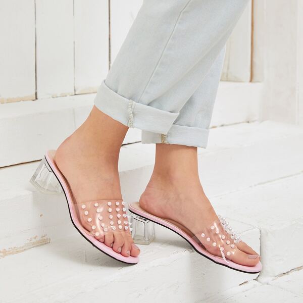 

Clear Open Toe Chunky Heeled Sandals, Pink