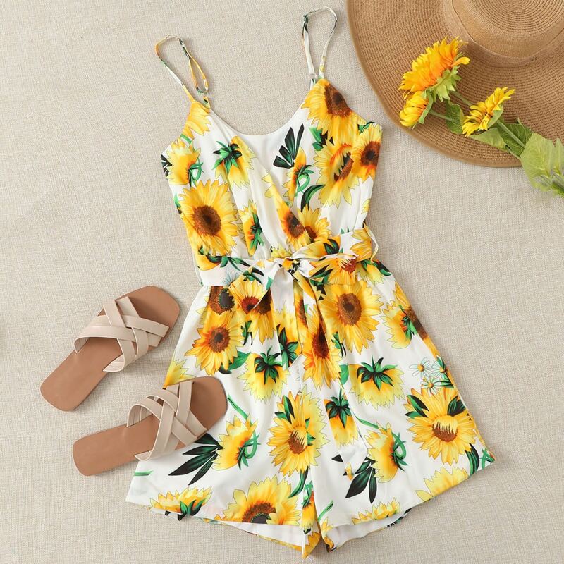 

Sunflower Print Belted Cami Romper, Multicolor