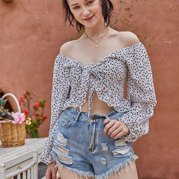 

Топ с узлом и узором сердечка, Чёрнобелые