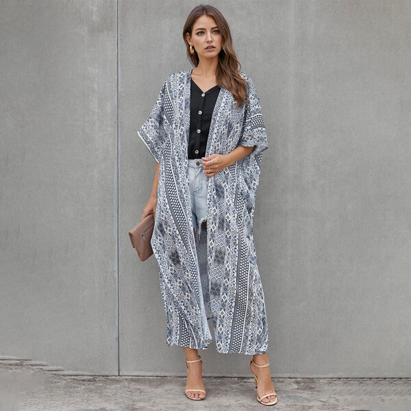 

Aztec Print Open Front Kimono, Multicolor