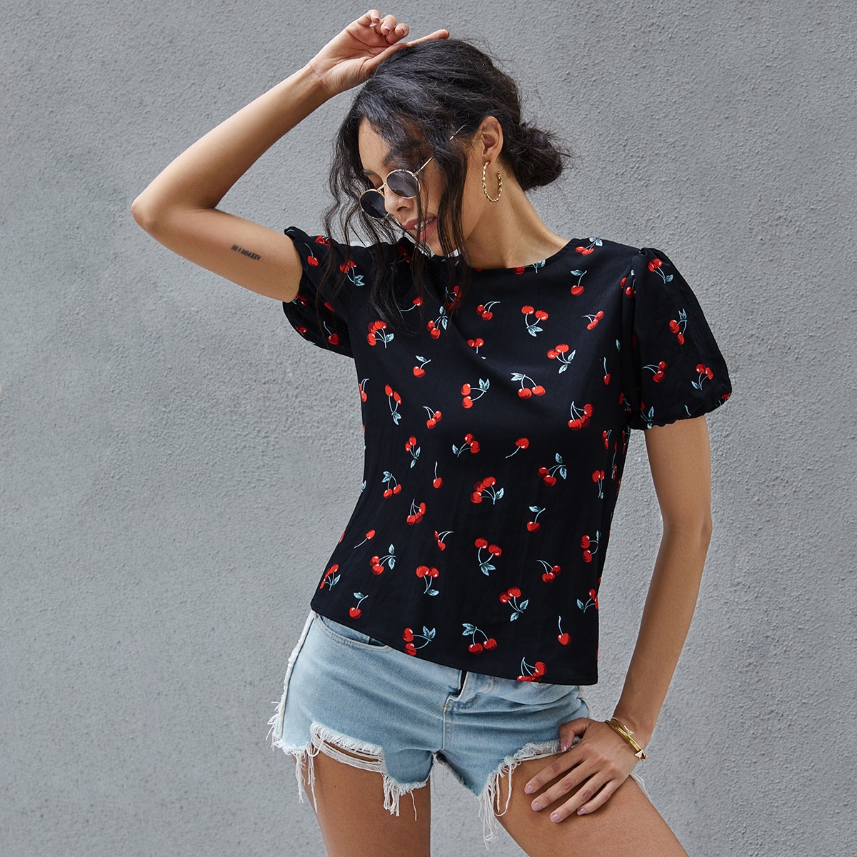 Image of Allover Cherry Print Puff Sleeve Top
