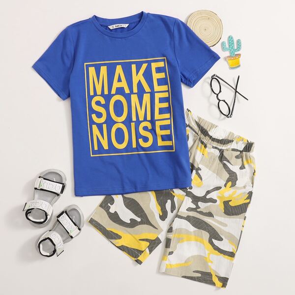

Boys Letter Graphic Top & Camo Shorts Set, Multicolor