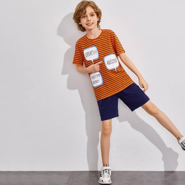 

Boys Letter Graphic Striped Top & Shorts Set, Multicolor