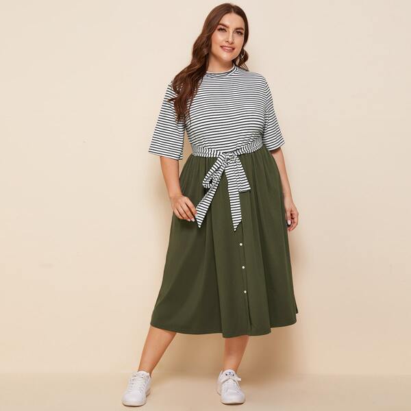 

Plus Colorblock Tie Front Striped Bodice Buttoned Hem Dress, Multicolor