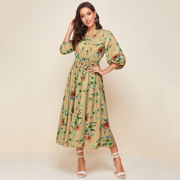 

Button Front Bishop Sleeve Floral Print Dress, Khaki