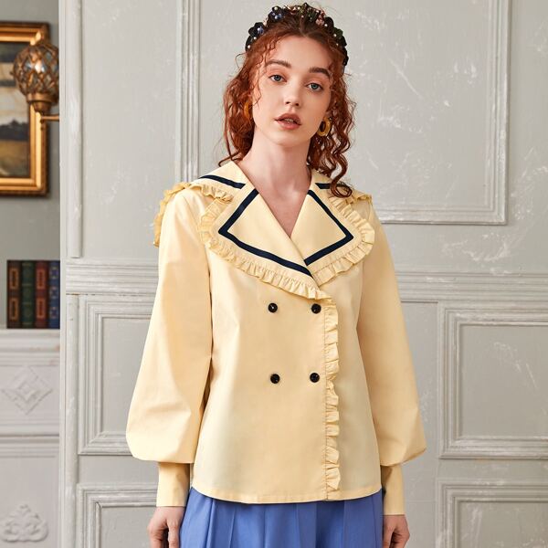 

Frilled Trim Double Breasted Lantern Sleeve Blouse, Beige