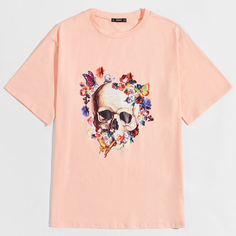 

Guys Skull and Butterfly Print Top, Baby pink