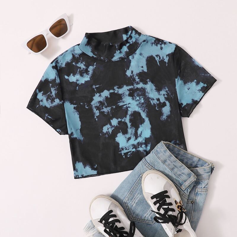 

Mock-neck Tie Dye Mesh Crop Top, Multicolor