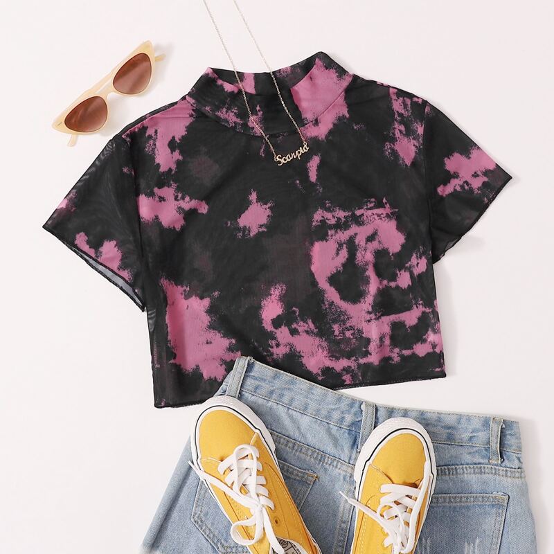 

Mock-neck Tie Dye Mesh Crop Top, Multicolor