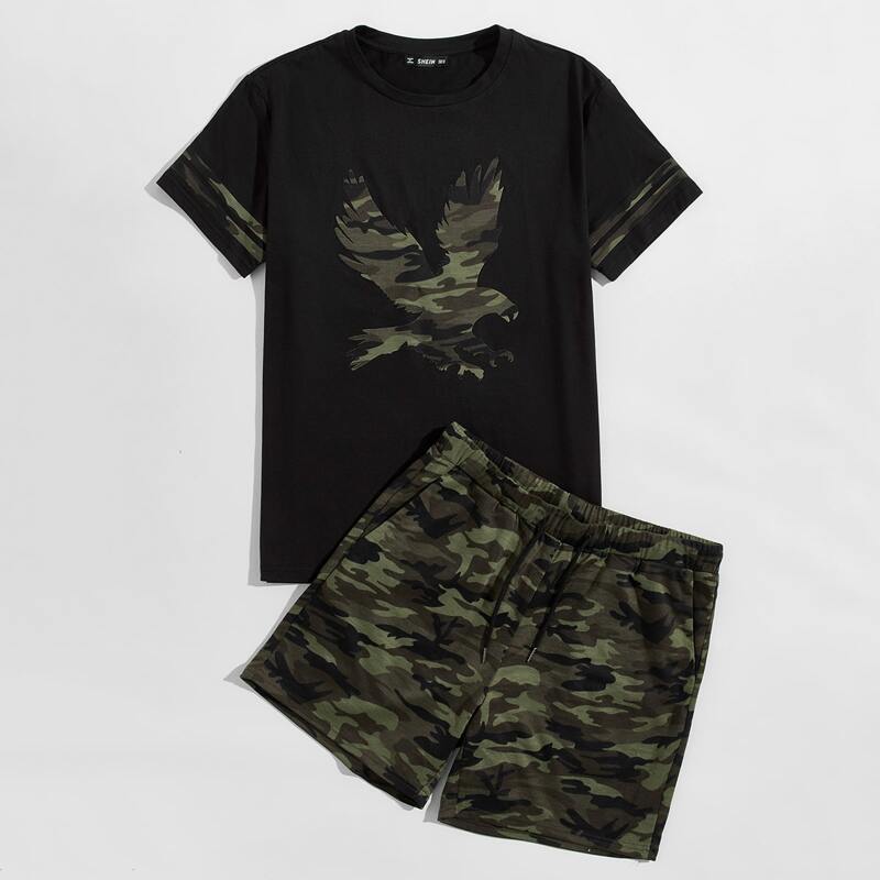 

Guys Camo Striped & Eagle Print Top & Shorts Set, Multicolor