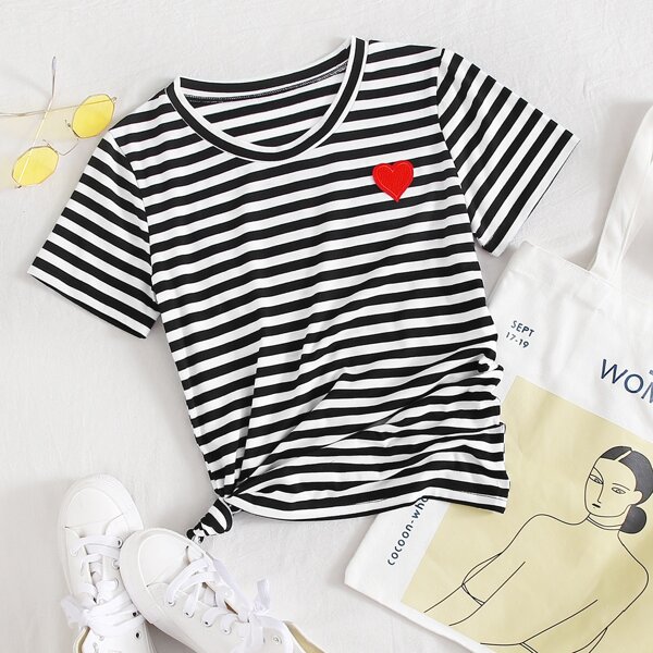 

Stripe Print Heart Patched Tee, Black and white