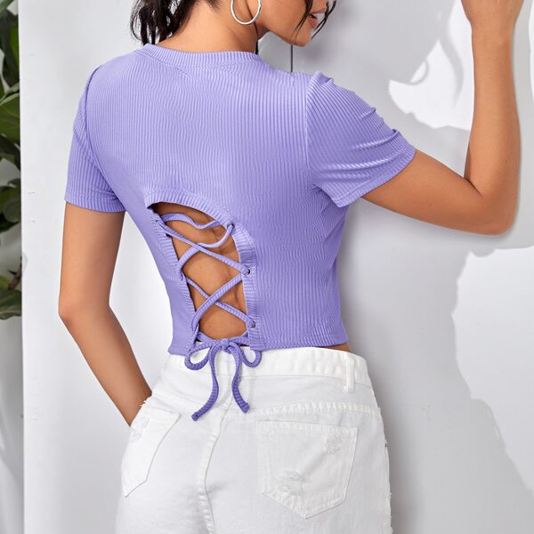 

Criss-cross Lace Up Back Tee, Violet purple