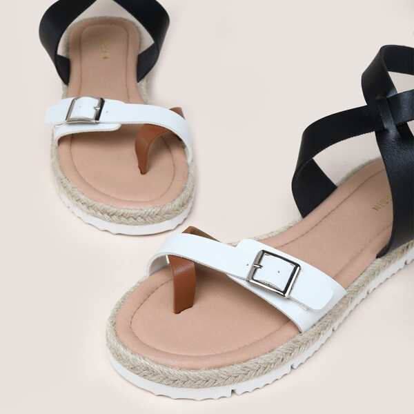 

Buckle Decor Ankle Strap Sandals, Black and white
