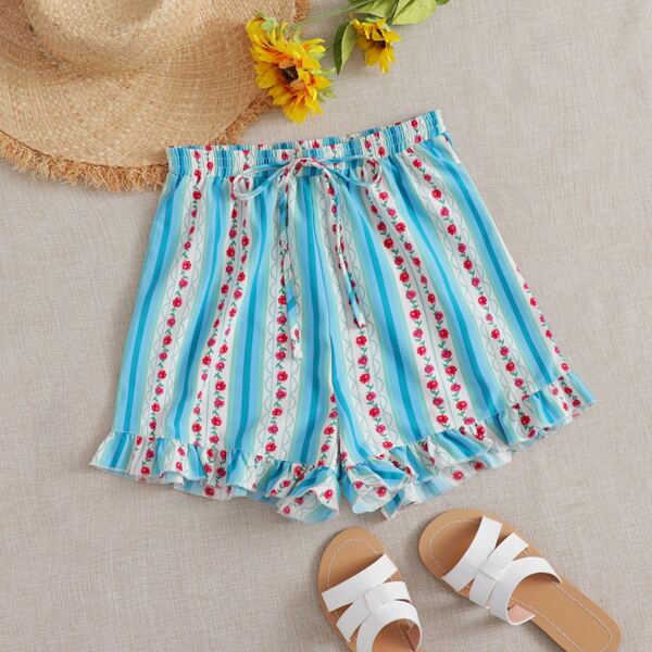 

Tie Waist Ruffle Ditsy Floral & Striped Shorts, Multicolor