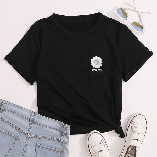 

Flower & Letter Embroidered Tee, Black