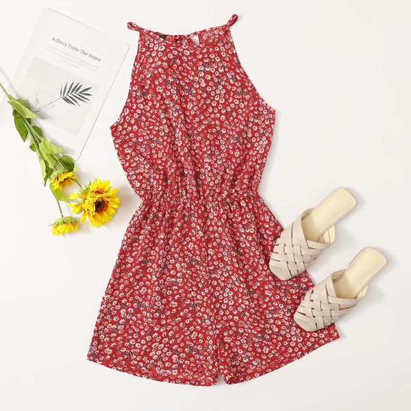 

Ditsy Floral Print Halter Romper, Red