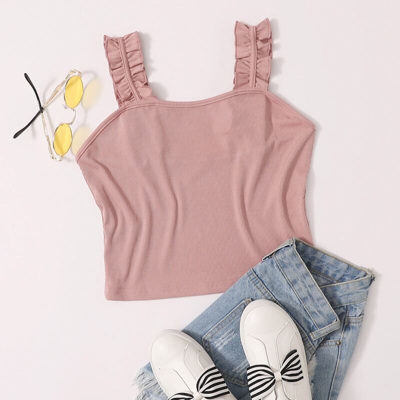

Frill Trim Rib-knit Crop Top, Dusty pink