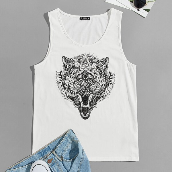 

Men Lion Print Tank Top, White