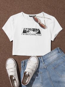 Muchica Slogan and Figure Graphic Crop Top - White - View 1