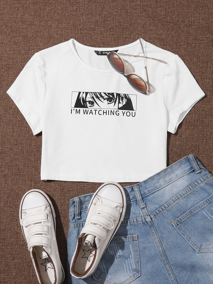 Muchica Slogan and Figure Graphic Crop Top - White - View 1