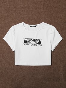 Muchica Slogan and Figure Graphic Crop Top - White - View 5