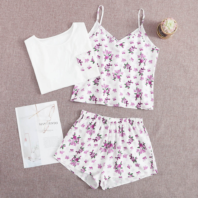 

3pcs Floral Print Pocket Patched PJ Set, Multicolor