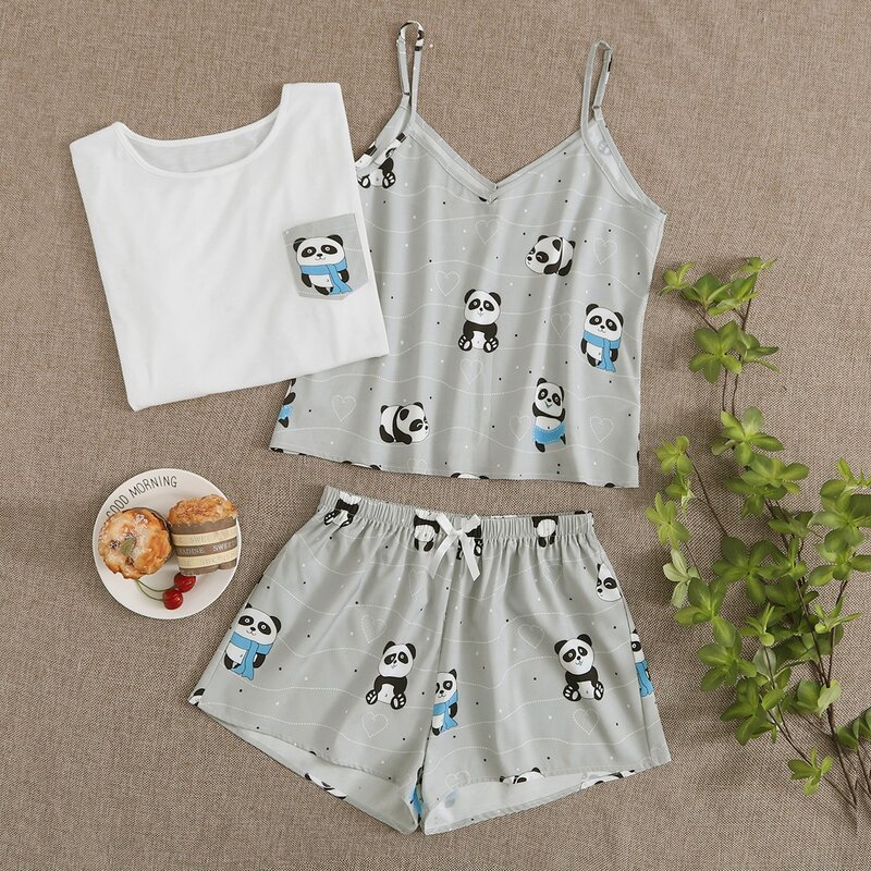 

3pcs Cartoon Panda Print PJ Set, Multicolor