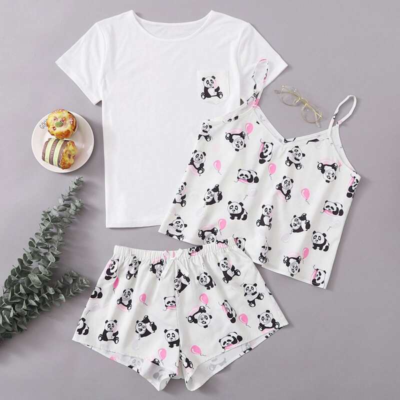 

3pcs Cartoon Panda Print PJ Set, White