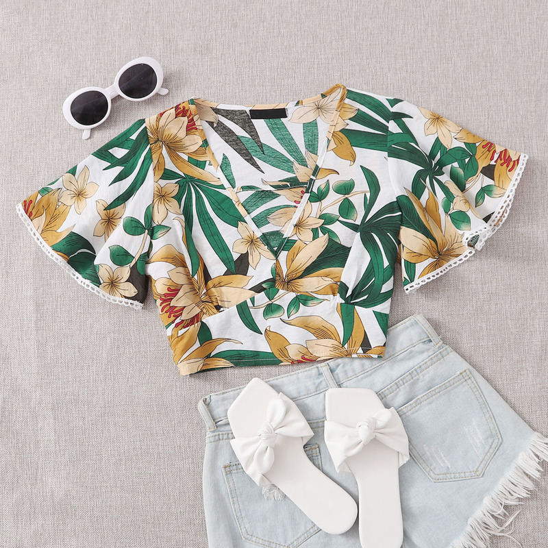

Lace Trim Floral Crop Top, Multicolor