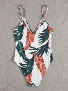SHEIN VCAY Jungle Leaf Print Cami Bodysuit - Multicolor - View 2