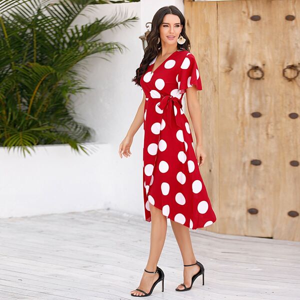 

Polka Dot Tie Side Wrap Dress, Red