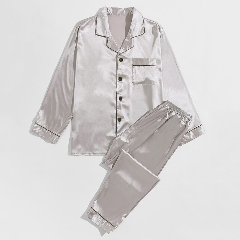 

Guys Contrast Binding Satin PJ Set, Silver