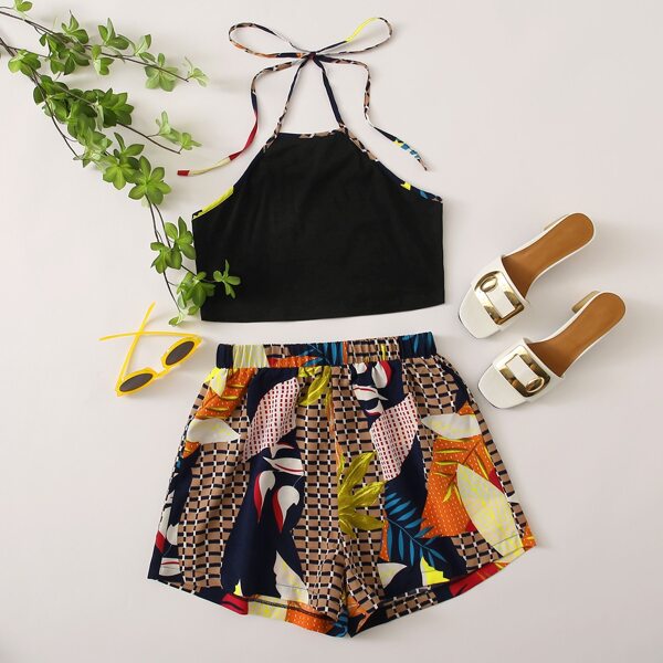 

Tie Back Halter Top With Plants Shorts, Multicolor