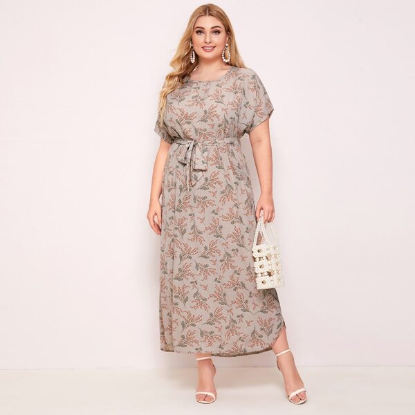 

Plus Batwing Sleeve Curved Hem Belted Floral Dress, Grey