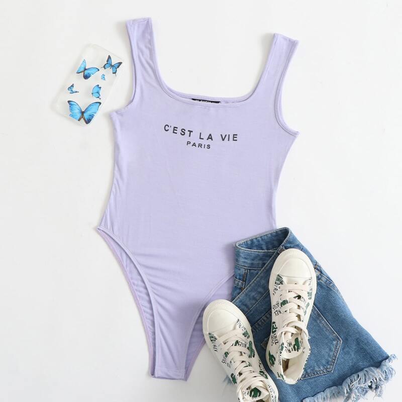 

Slogan Graphic Tank Bodysuit, Lilac purple