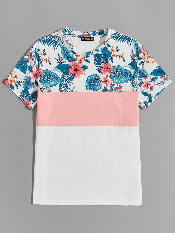 SHEIN Men Tropical Patternblock Short Sleeve Tee SHEIN USA