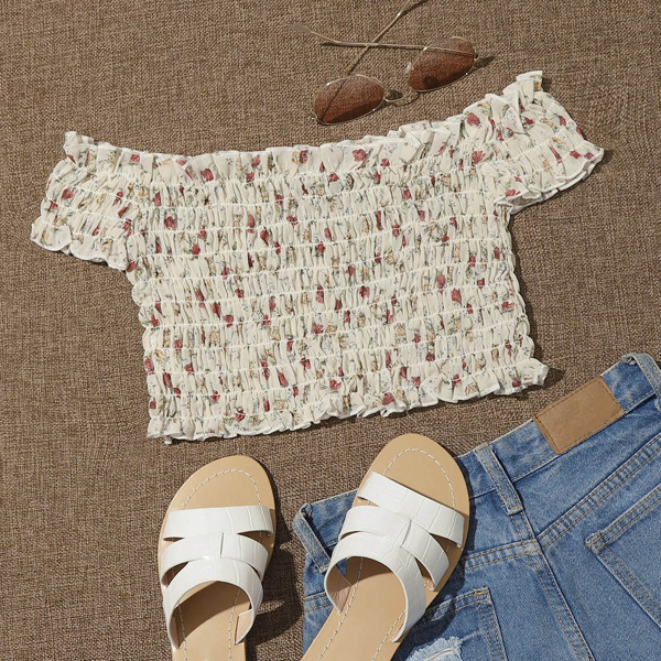 

Frill Trim Shirred Ditsy Floral Crop Top, Multicolor