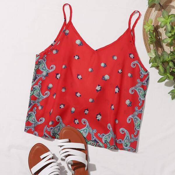 

Twist Back Paisley Print Cami Top, Red