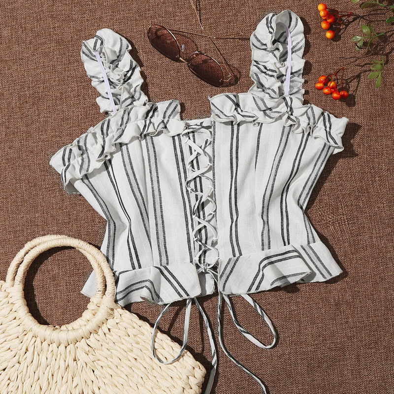 

Frill Trim Lace Up Front Striped Top, White