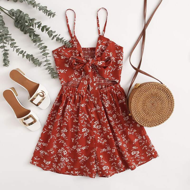 

Tie Front Floral Cami Romper, Red