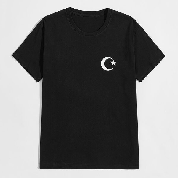 

Men Moon And Star Print Tee, Black