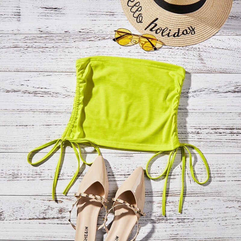 

Neon Lime Drawstring Side Tube Top, Bright lime green