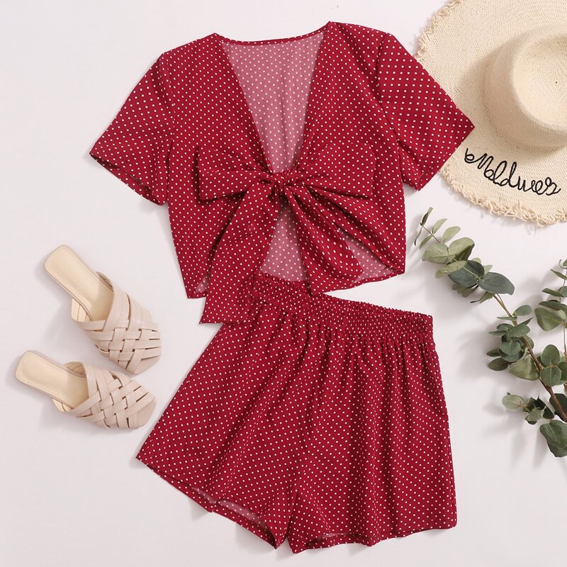 

Polka Dot Tie Front Top & Shorts, Red