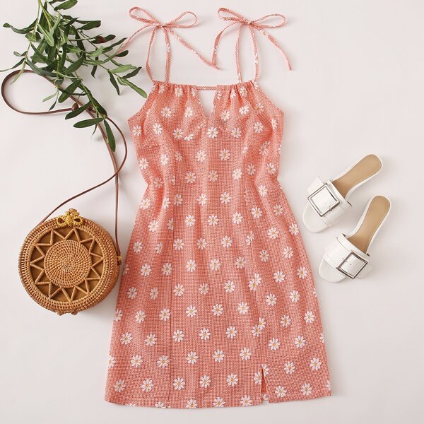 

Seersucker Daisy Print Self-Tie Cami Dress, Coral pink