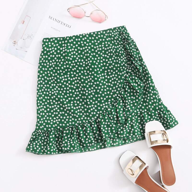 

Ditsy Floral Ruffle Hem Skirt, Green