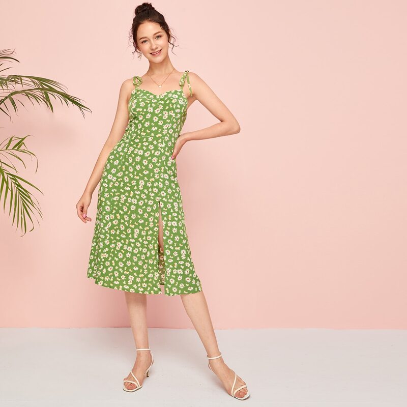 

Daisy Print Split Thigh Sundress, Green