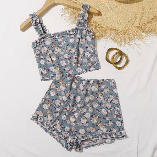 

Frill Trim Floral Cami Top & Shorts Set, Blue