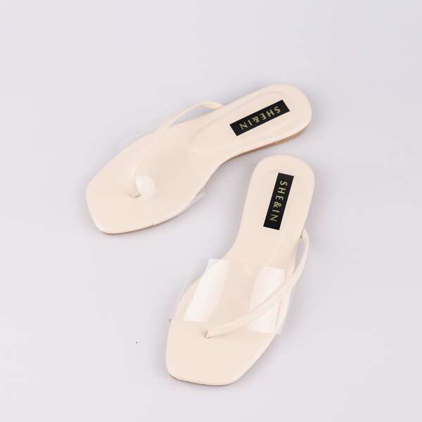 

Toe Post Clear Slide Sandals, Beige