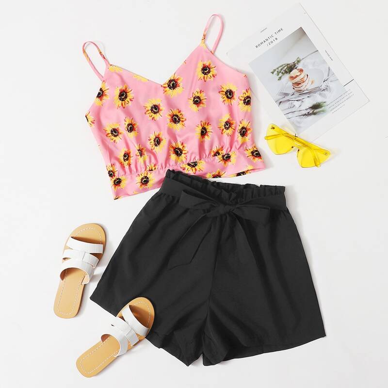 

Sunflower Print Cami Top & Paperbag Belted Shorts, Multicolor