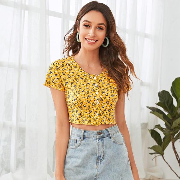 

Button Front Ditsy Floral Top, Mustard yellow